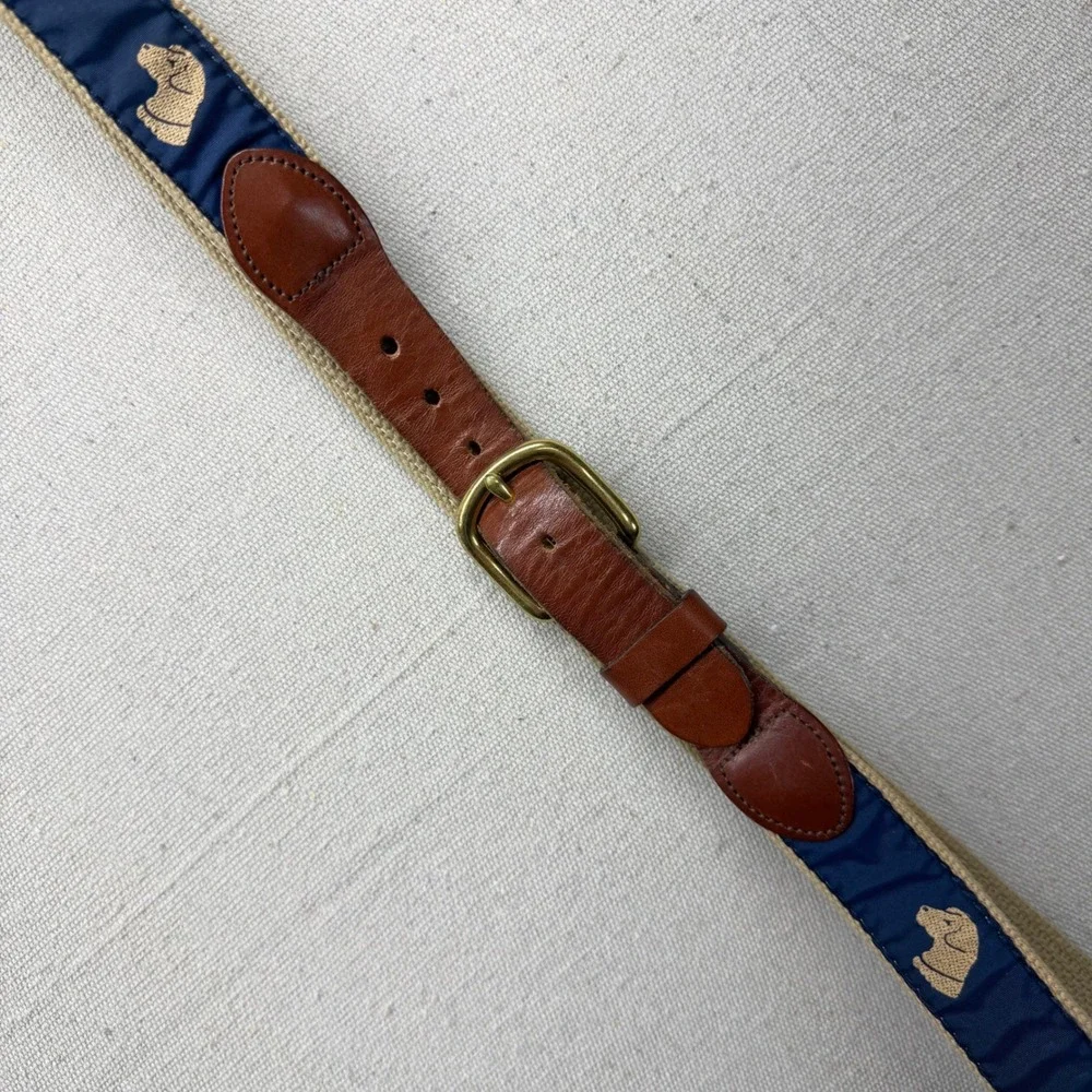 Vintage Surcingle Belt Navy Tan Canvas Leather Lab Dog Head Embroidery Size 42